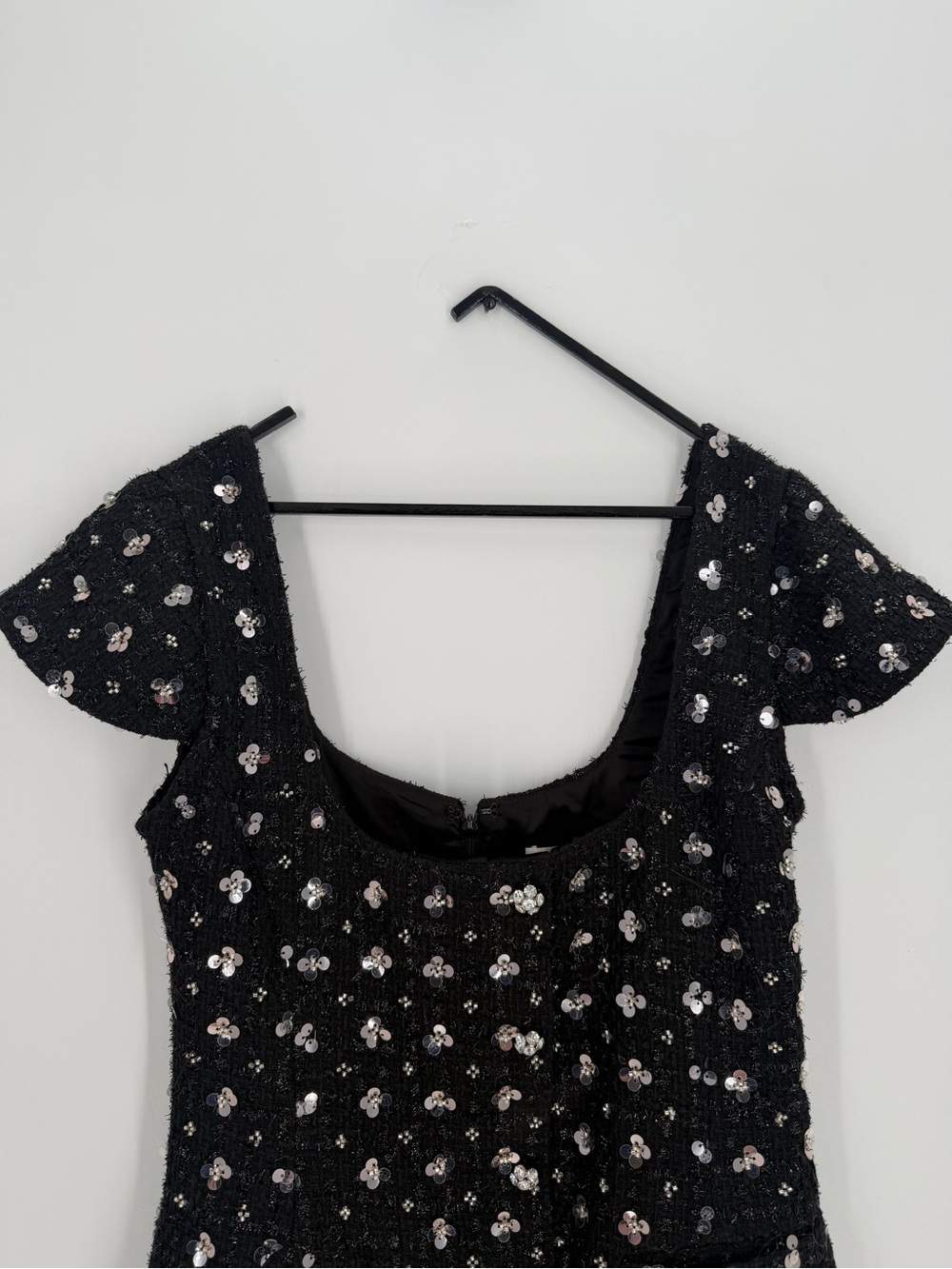 Guizio Shiloh Sequined Tweed Floral Square Neckline Crystal Black Mini Dress